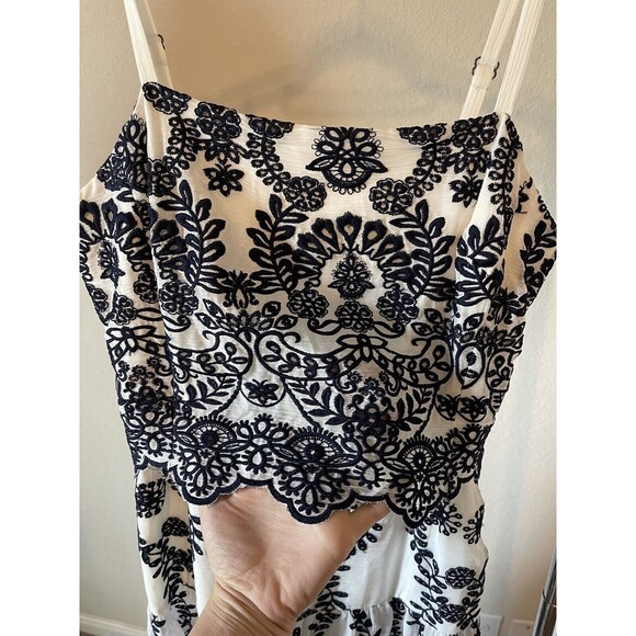 NEW ONE OF A KIND SAMPLE DESIGNER Embroidered Chiffon Navy/White Midi Dress - Picture 6 of 7